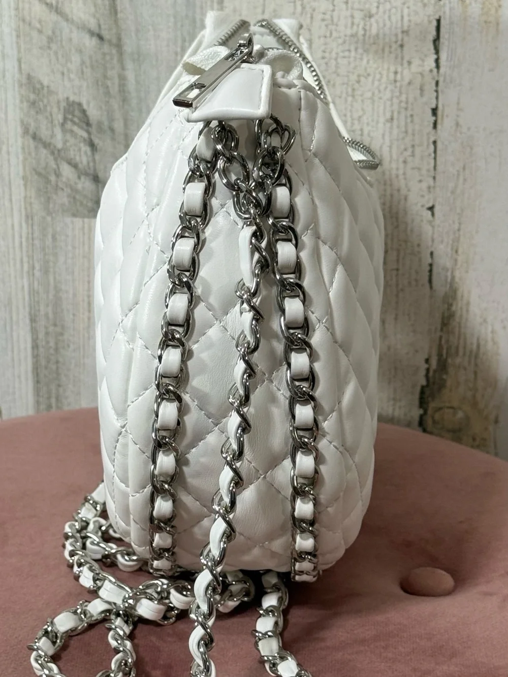 White Quilted Crossbody Bag with Chain Strap and Beaded 'LOVE' Accent